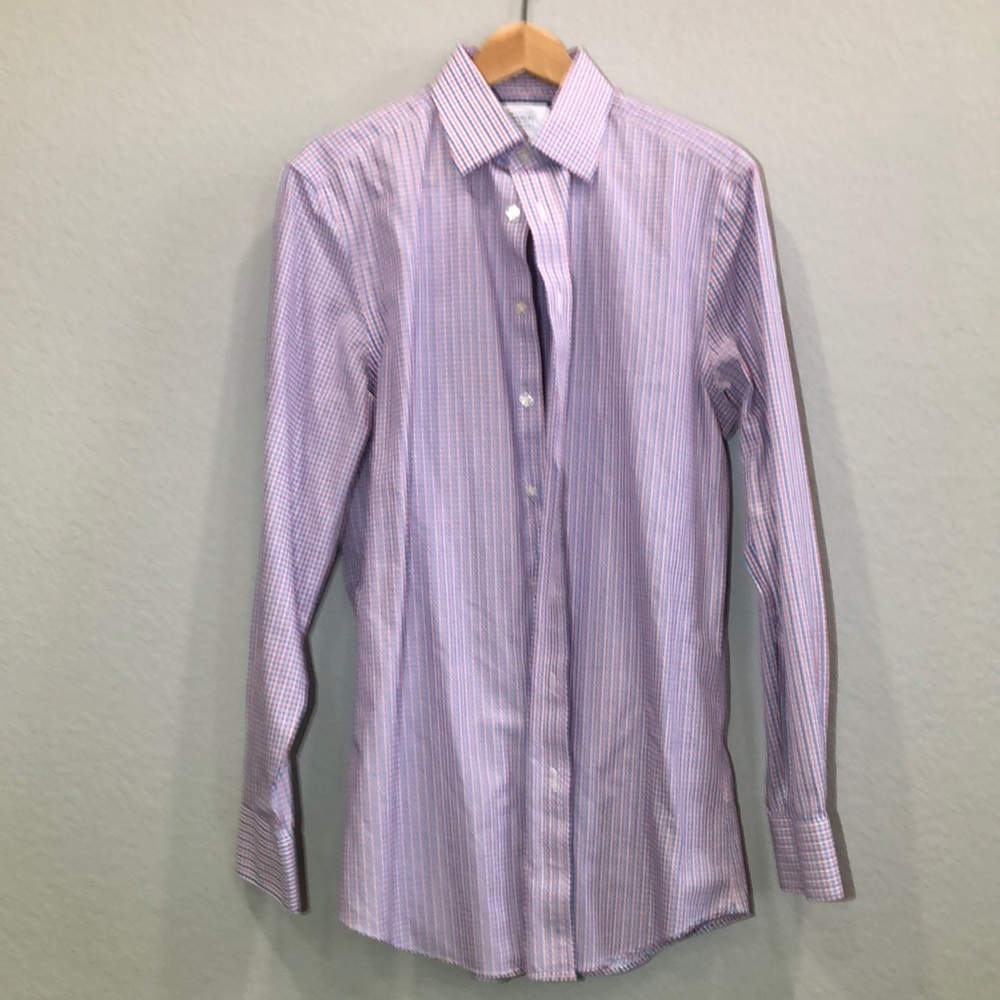 Charles Tyrwhitt slim non iron dress shirt white blue red plaid 15.5x35